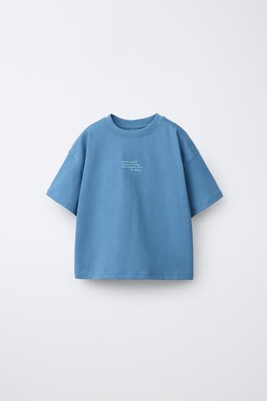 COTTON AND LINEN TEXT T-SHIRT - Mid-blue by Zara - Image 0