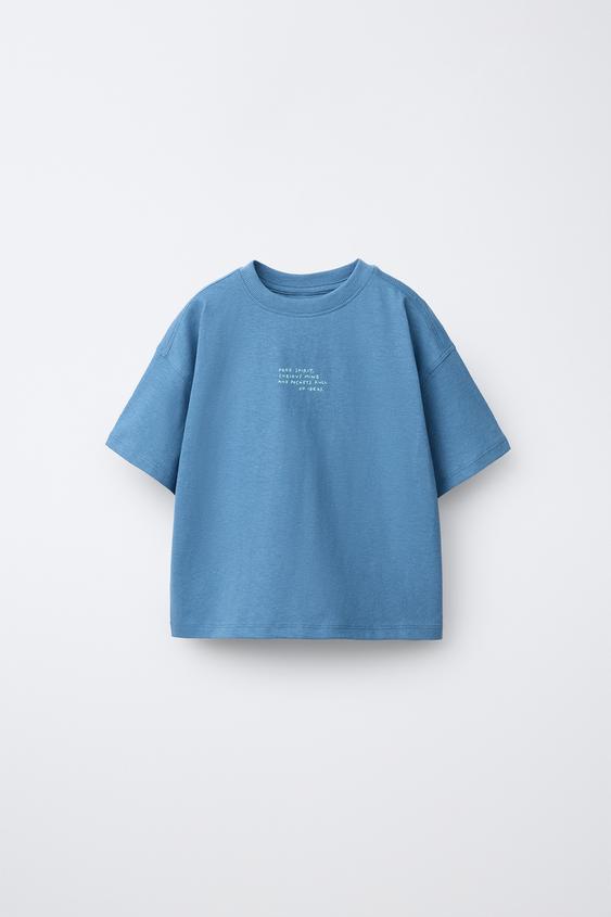 COTTON AND LINEN TEXT T-SHIRT - Mid-blue by Zara - Image 0