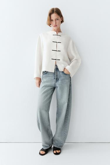 Zara 100% linen flowing shirt with button detail - Oyster-white