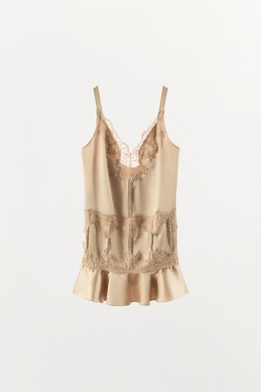 SATIN LACE RUFFLE MINI DRESS - Beige by Zara - Image 4