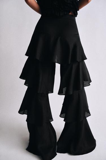 ZW 컬렉션 라미 프릴 팬츠 - Zara 블랙