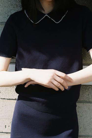KNIT TOP WITH PIPING - Navy blue by Zara