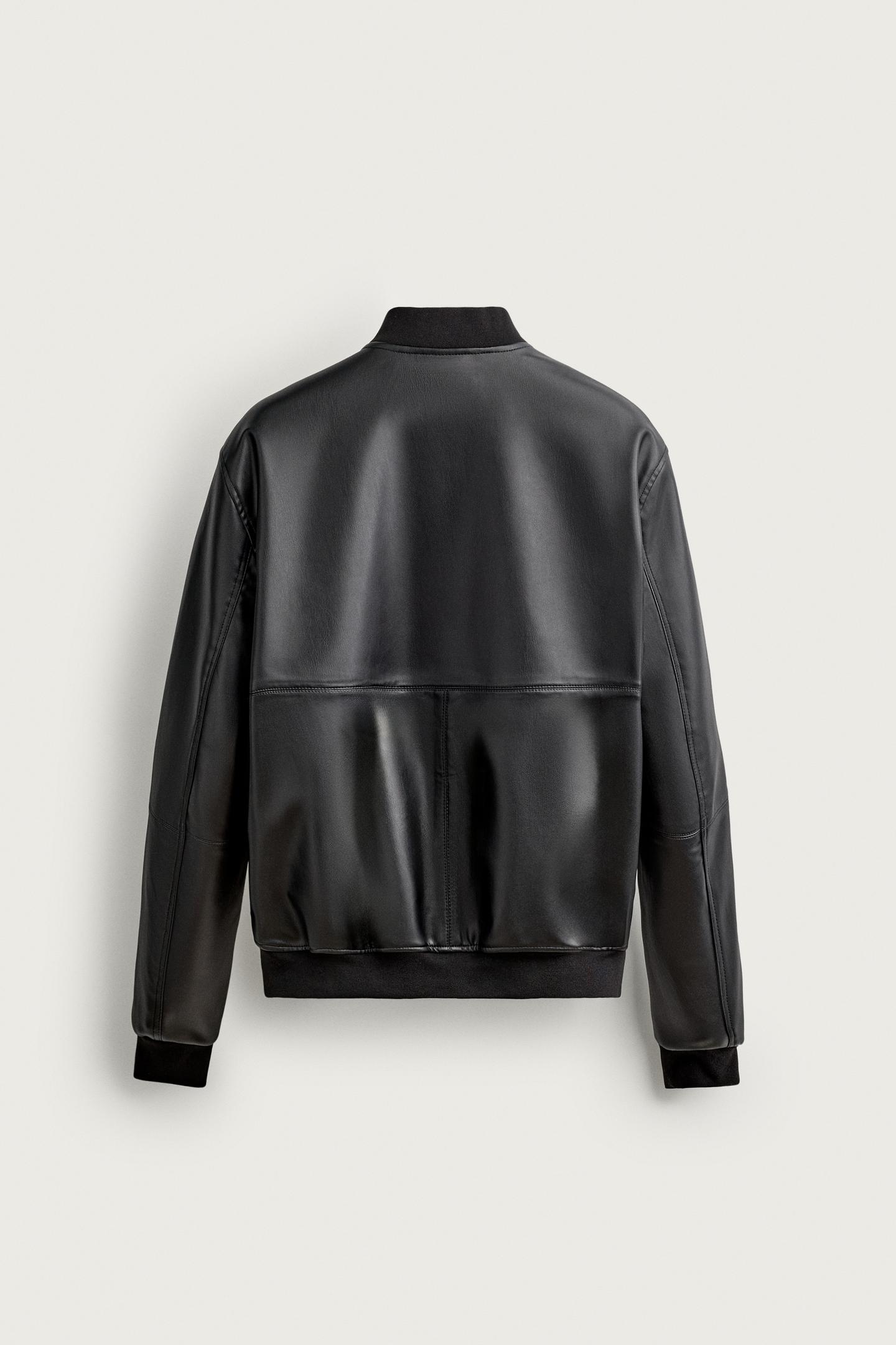 Куртка Zara Faux Leather Bomber, цвет: Чёрный — фото 10