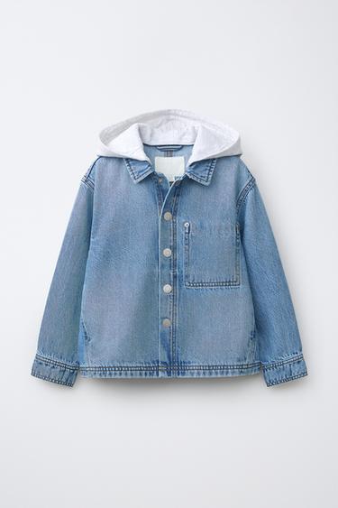 Zara DENIM OVERSHIRT WITH REMOVABLE FLEECE HOODIE - Blue - Image 0