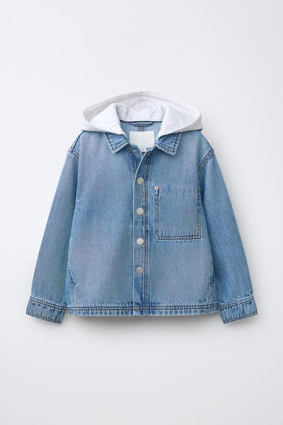 SOBRECAMISA DENIM CAPUCHA DESMONTABLE FELPA - Azul de Zara - Imagen 0