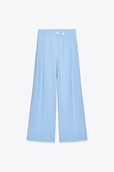Zara PLEATED WIDE LEG PANTS - Sky blue