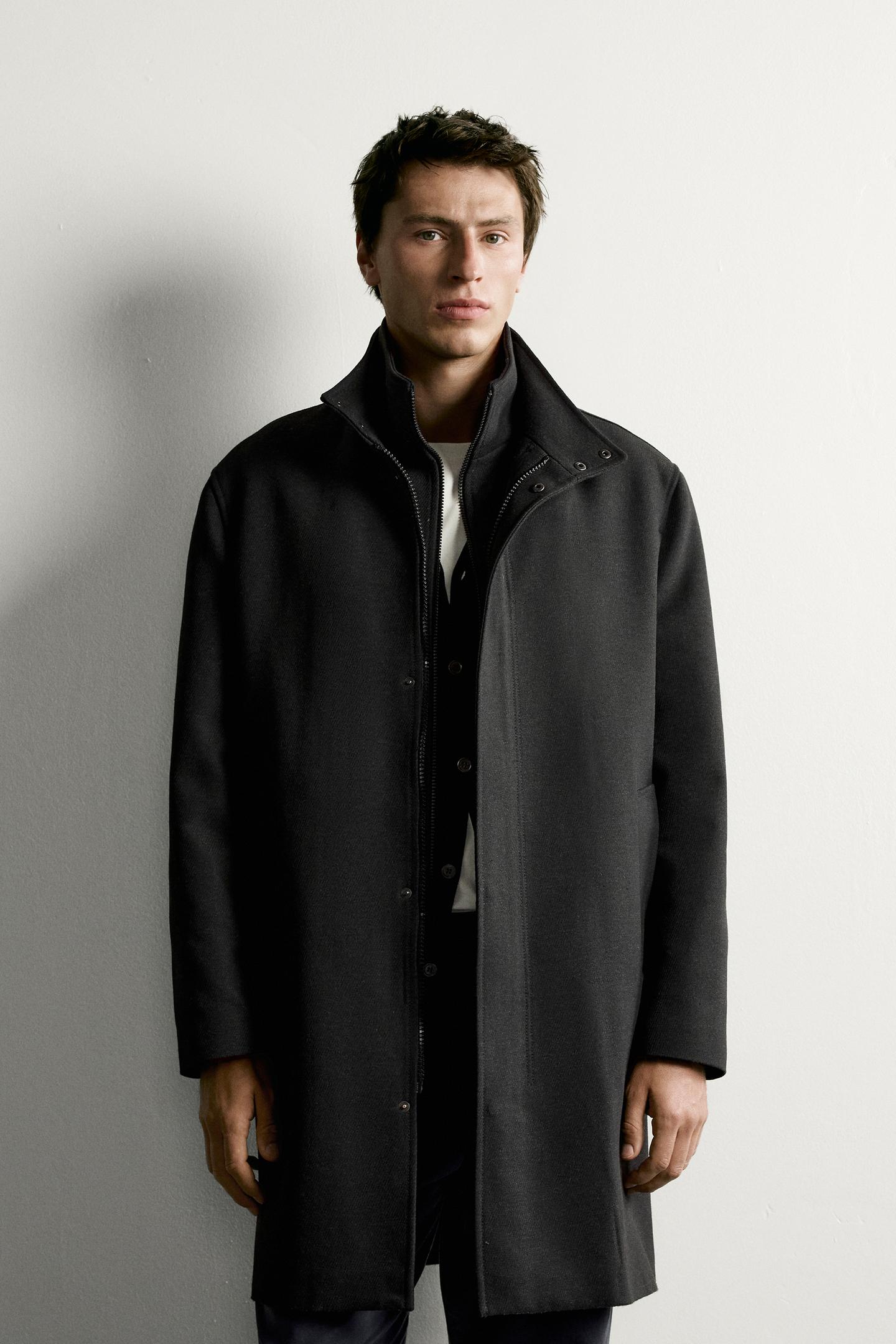 Мужское пальто Zara Regular Fit Coat with Detachable Collar, цвет: Антрацитовый серый — фото 2