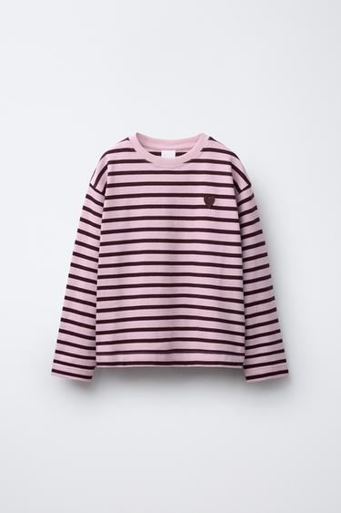 STRIPED T-SHIRT WITH HEART PATCH - Pink by Zara - Image 0