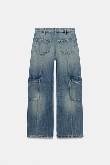 Zara TRF 中腰工裝牛仔褲 - 藍色