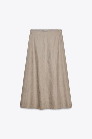 ZW COLLECTION 100% LINEN MIDI SKIRT - Mink by Zara