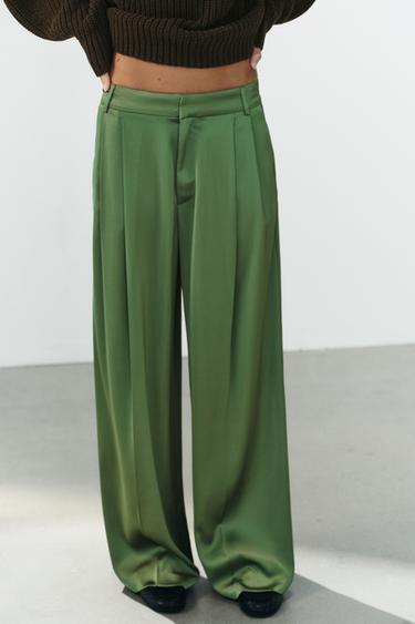 SATIN PLEATED PANTS — Green 1