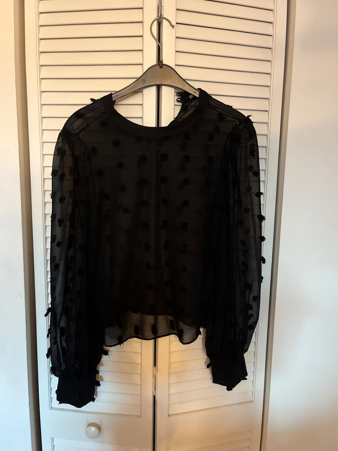 Sheer black blouse with embossed polka dots, hanging on a hanger in front of a white wardrobe door with louvres.