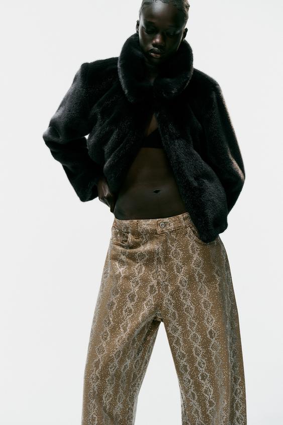 JEANS BAGGY FIT TAILLE MI-HAUTE À IMPRIMÉ ANIMAL ET BRILLANTS TRF - Kaki clair de Zara - Image 1