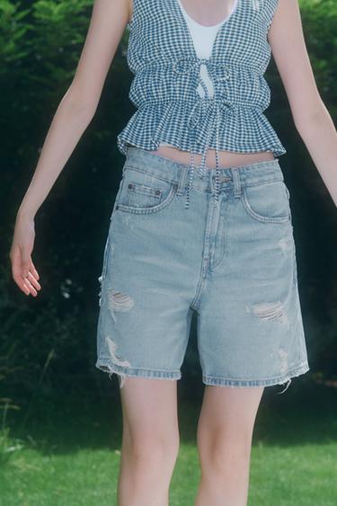 MID-WAIST RIPPED TRF DENIM BERMUDA SHORTS - Blue by Zara