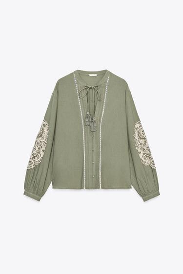 BLOUSE BRODERIES CONTRASTANTES - Kaki clair de Zara - Image 4
