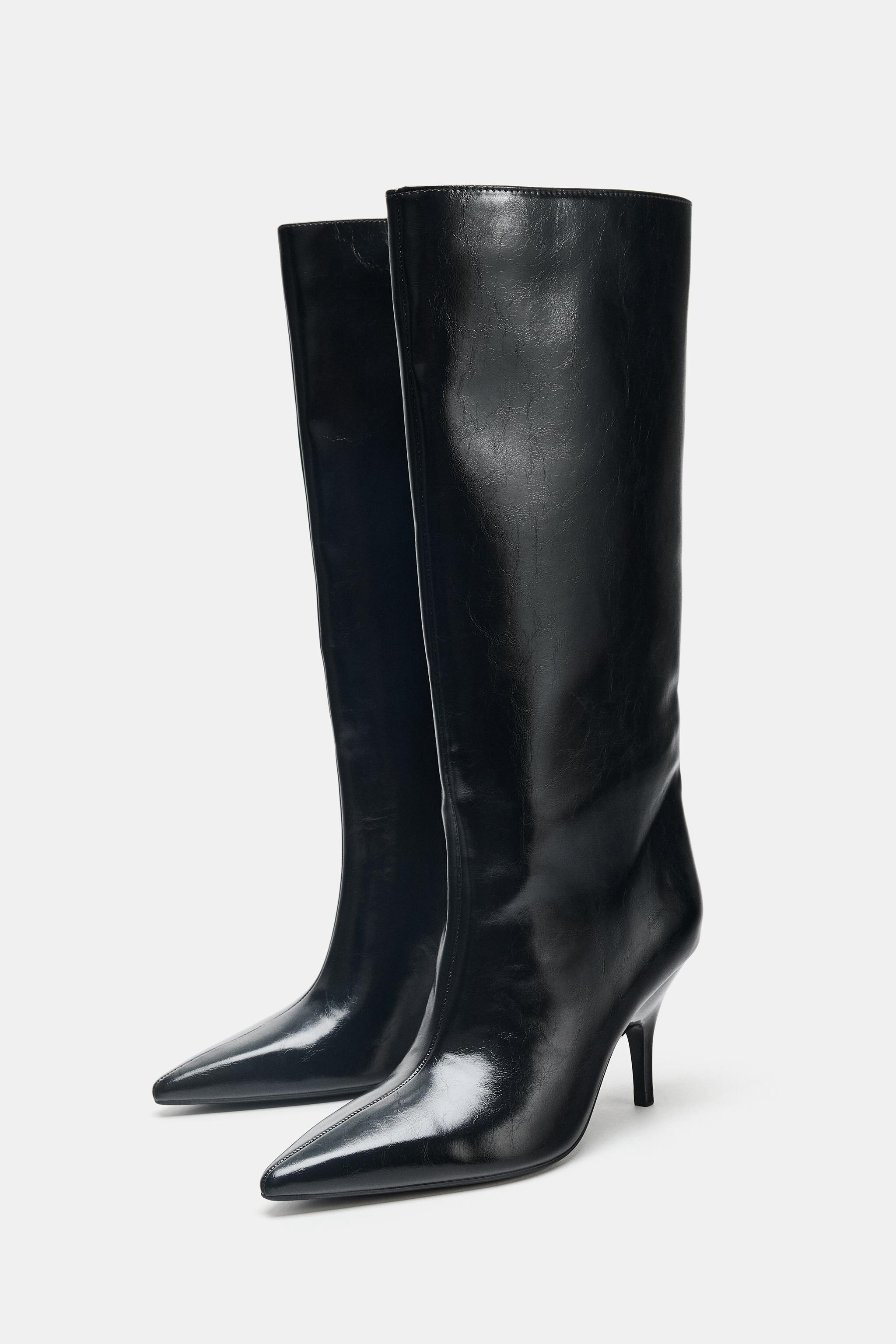 新品 袋付き ZARA 8cm ヒール ブーツ ブラック エナメル風ブロックヒールブーツ - ブラック | ZARA Japan / 日本