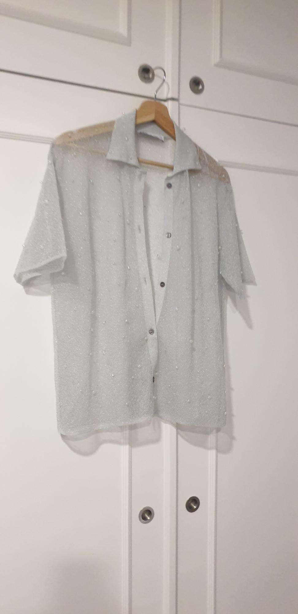 Sheer shirt with small pearls, hanging on a wooden hanger in front of a white wardrobe.