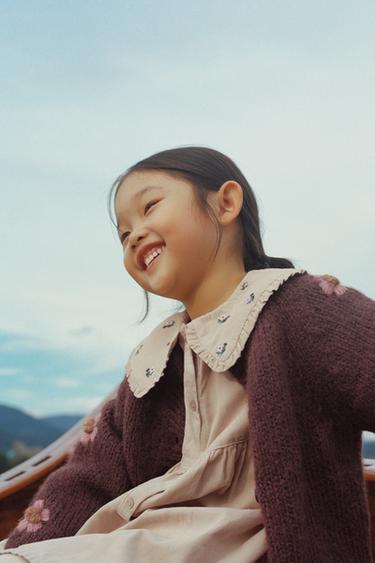 Zara 花卉刺繡針織開襟衫 - 深磚紅色