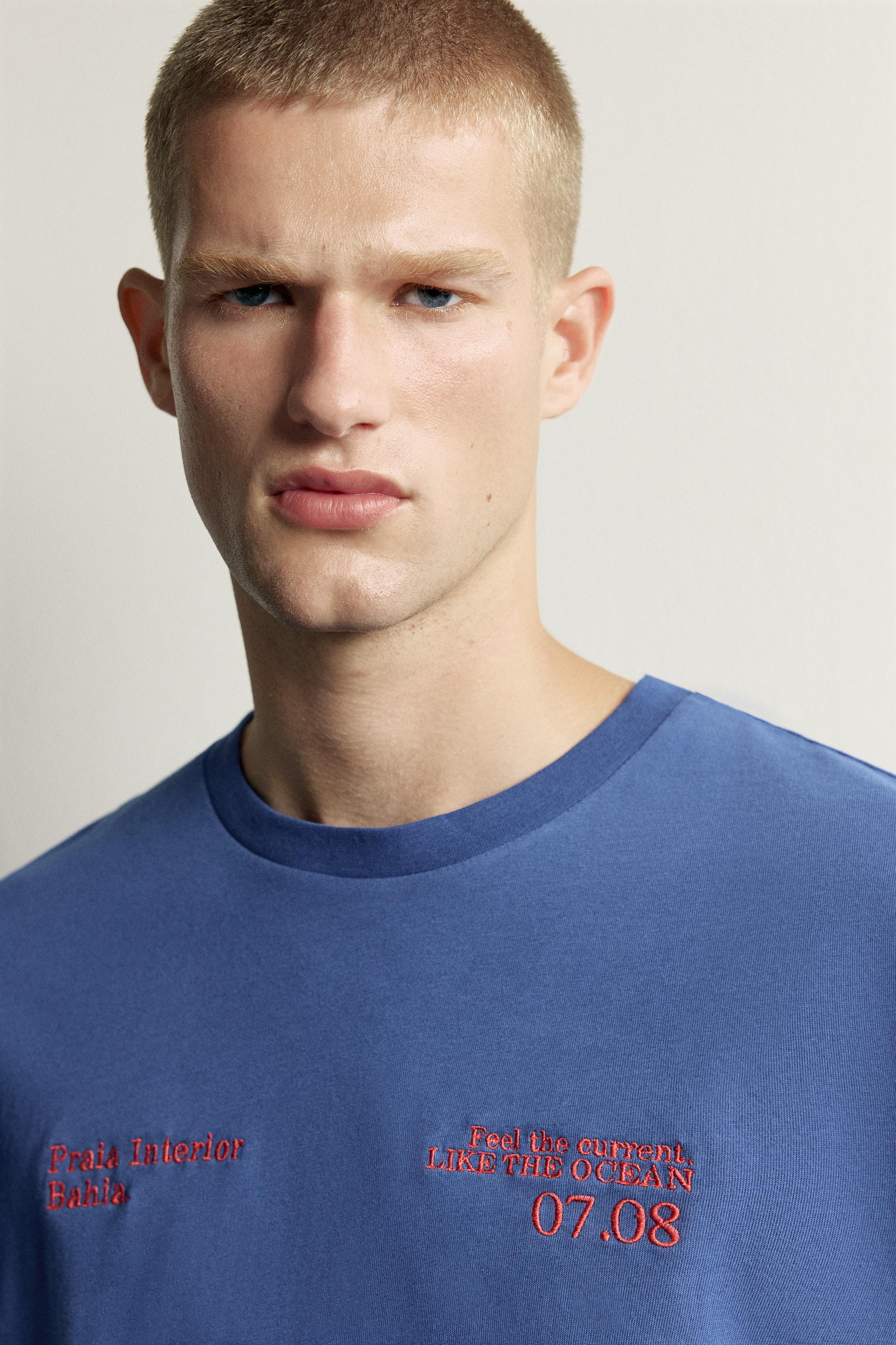 Мужские футболки Zara COMBINED EMBROIDERED T-SHIRT — фото 5