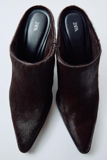 LEATHER AND SHEEPSKIN HEELED MULES - Brown by Zara