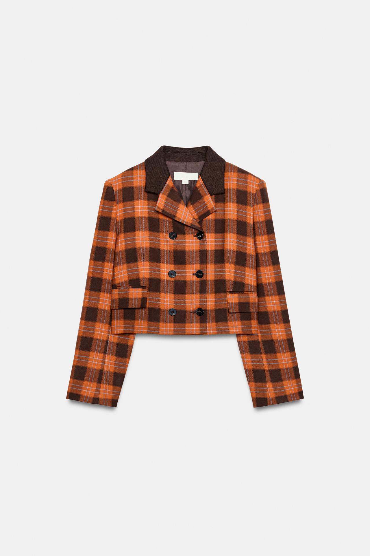 CHECKED CROPPED JACKET — Taupe