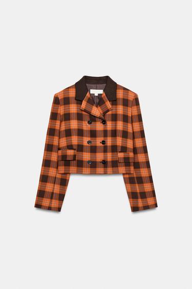CHECKED CROPPED JACKET — Taupe 2