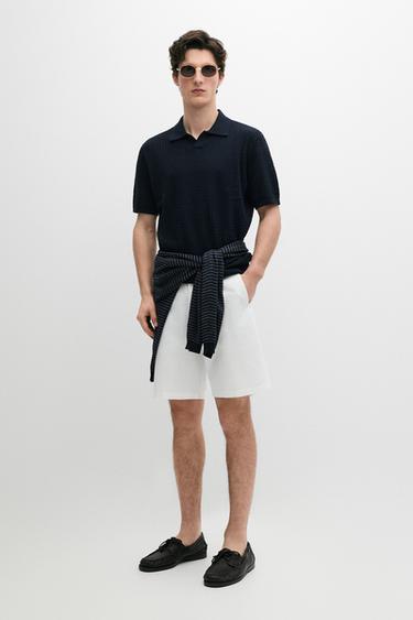 Zara Cable-knit V-neck polo shirt - Navy blue - Image 0