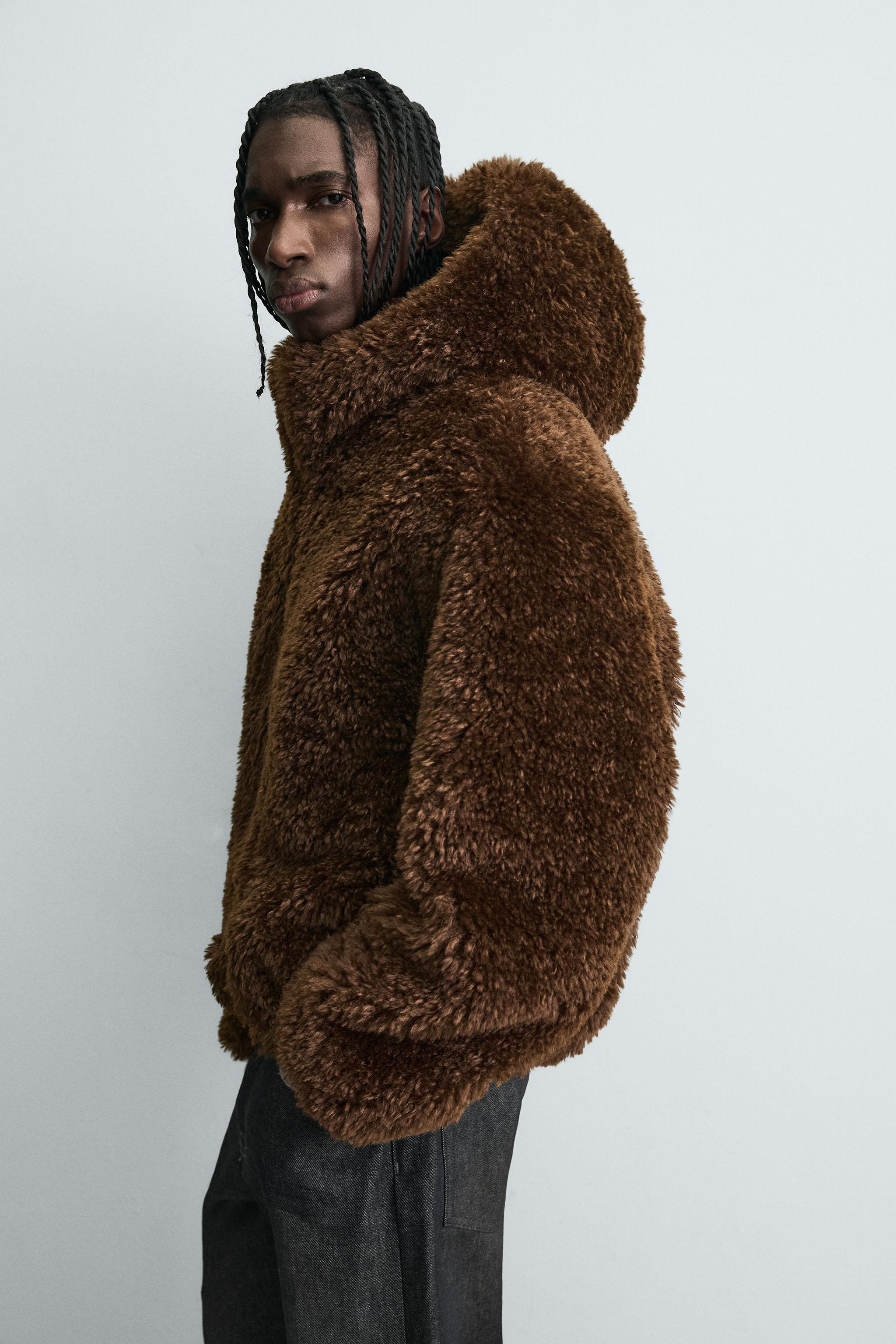 フェイクファーフード付きジャケット - ブラウン | ZARA Japan / 日本