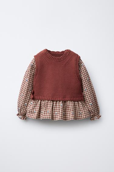 GILET EN MAILLE COMBINÉ CHEMISE BRODÉE - Argile de Zara