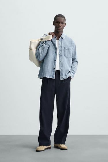 CALÇA DE ALGODÃO - LYOCELL COM PREGAS - Azul-marinho da Zara - Imagem 0