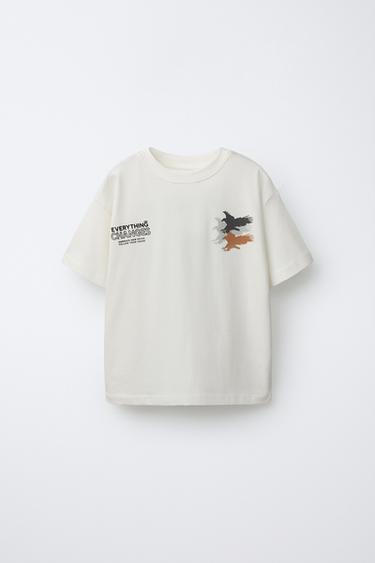تيشرت بنقشة نسر ونصوص بارزة - أبيض الخاص بـ Zara