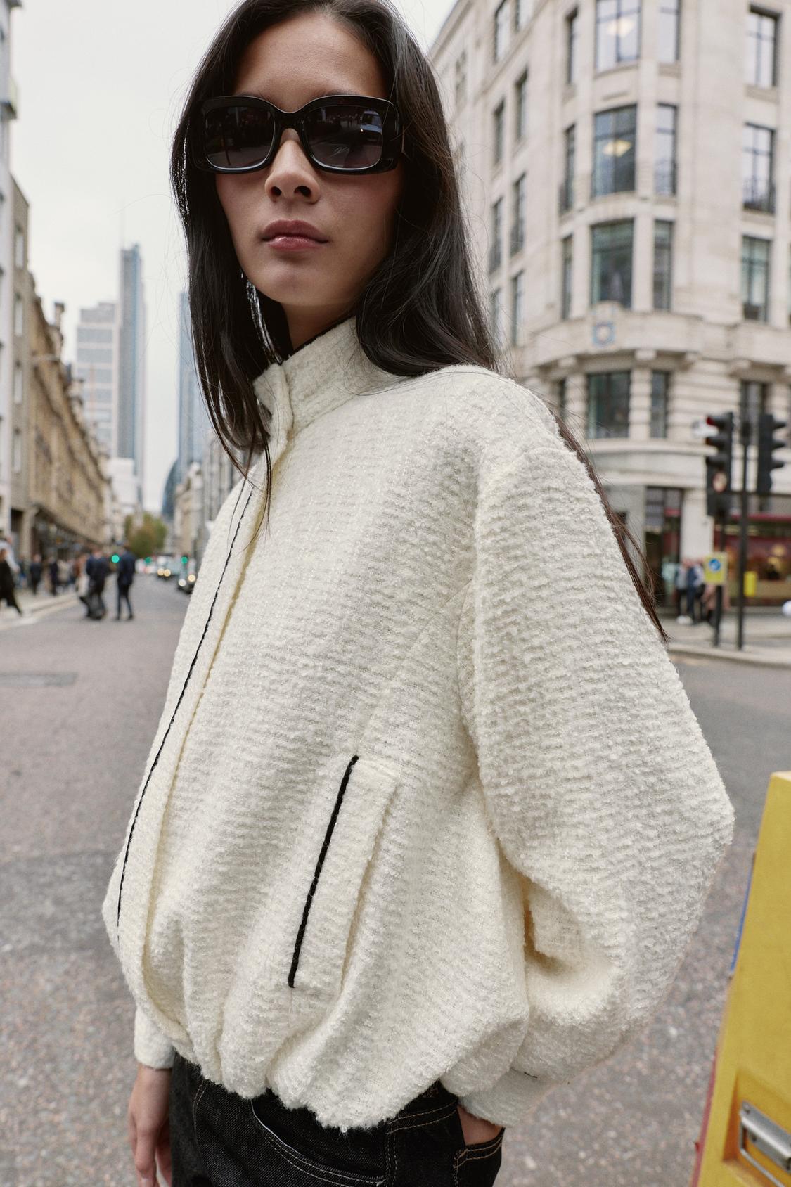 CONTRAST PIPING TEXTURED BOMBER JACKET