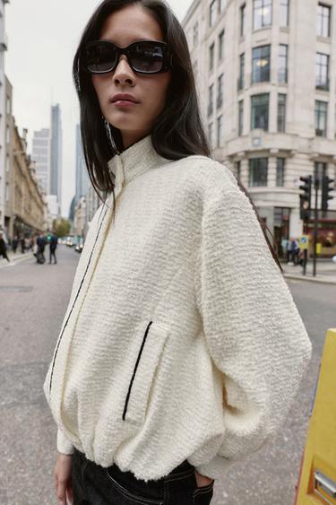 Zara CONTRAST PIPING TEXTURED BOMBER JACKET - Ecru