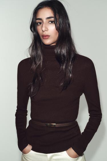 100% WOOL HIGH NECK JUMPER WITH BELT - Chocolate by Zara