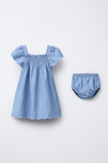 Zara FLOWY DENIM EMBROIDERED DRESS AND PANTIES - Mid-blue