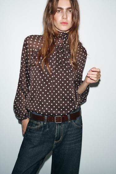 Zara POLKA DOT BLOUSE WITH BOW - Brown / White
