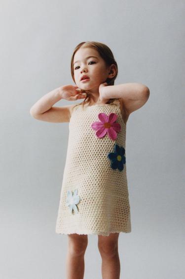 Zara FLORAL CROCHET KNIT DRESS - Ecru