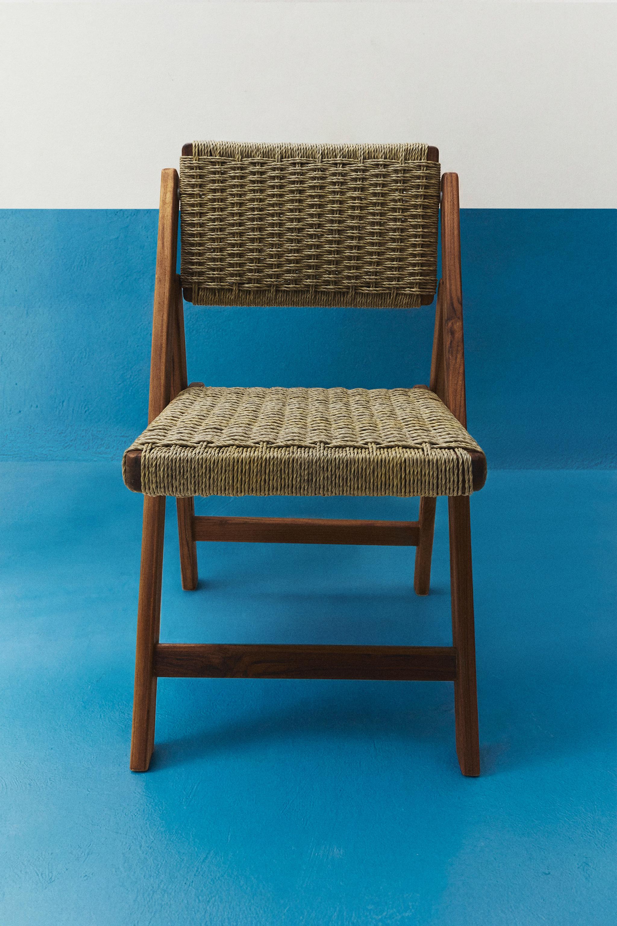 WOVEN TEAK FOLDING OUTDOOR CHAIR — Light beige