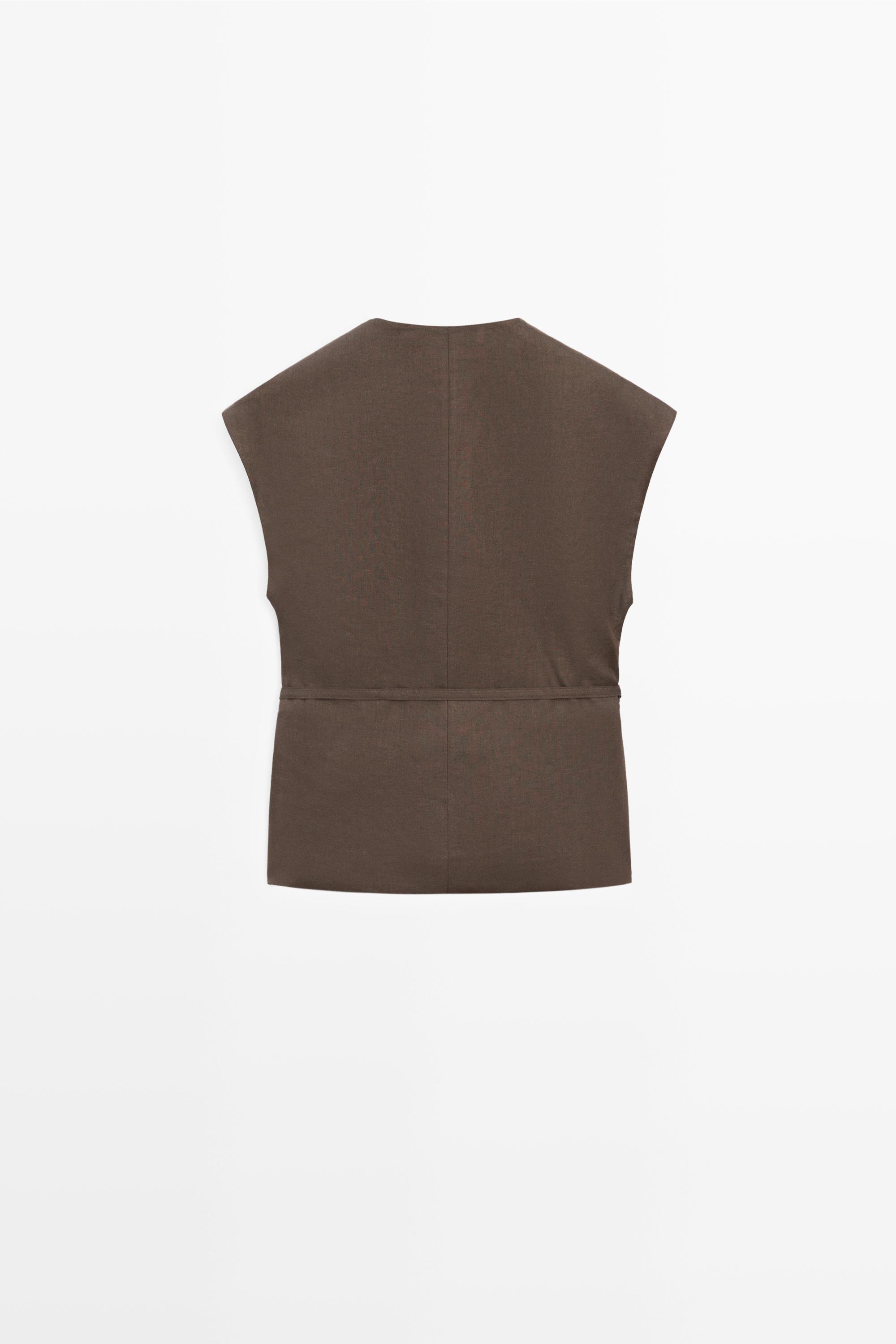 Linen blend waistcoat with wrap neckline
