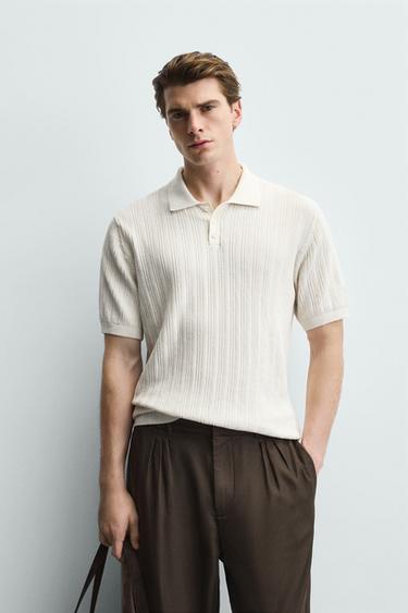 Zara RIBBED KNIT POLO SHIRT - Ecru