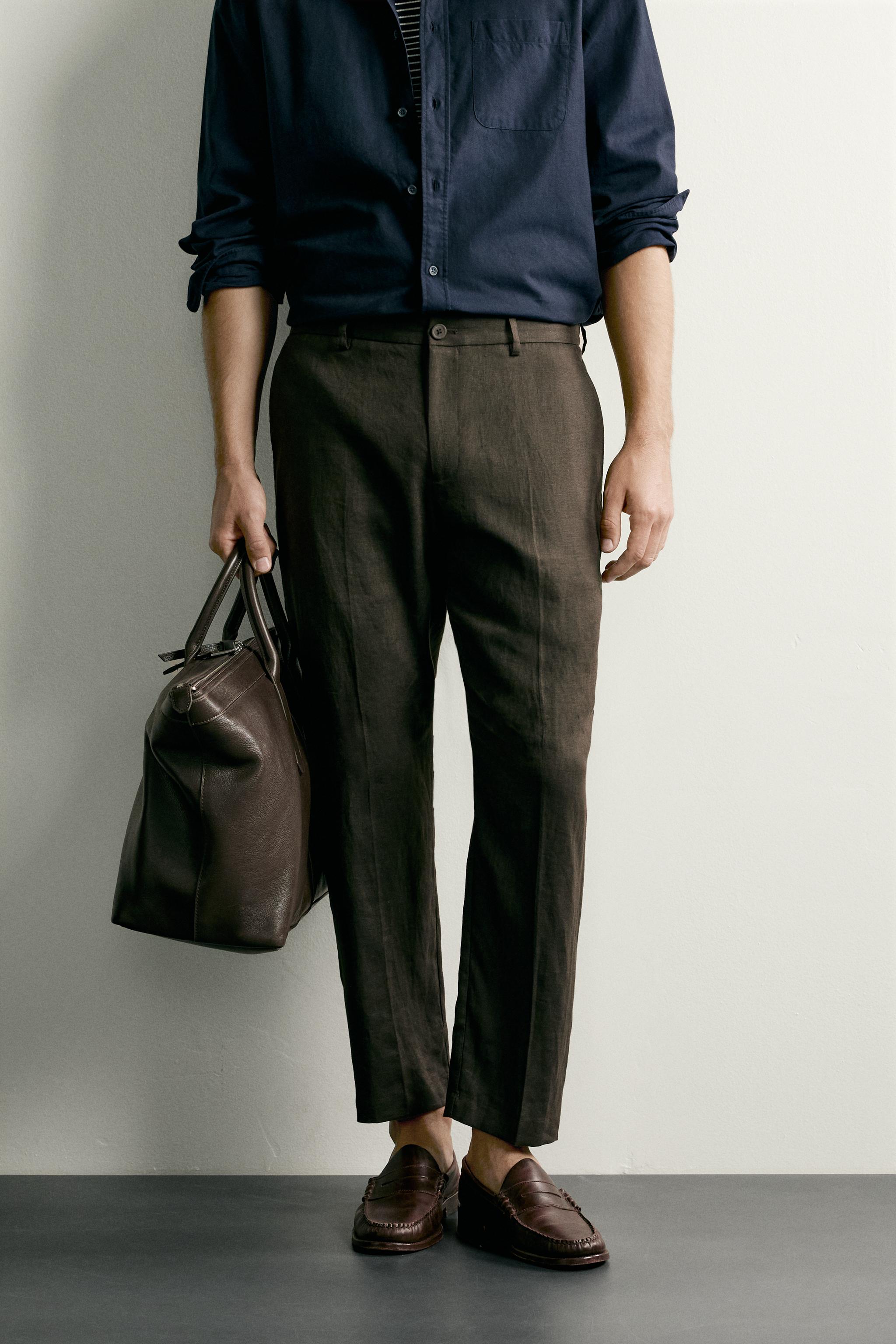 100% LINEN REGULAR FIT PANTS — Brown