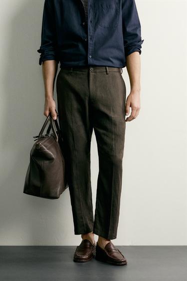 100% LINEN REGULAR FIT TROUSERS - Brown by Zara