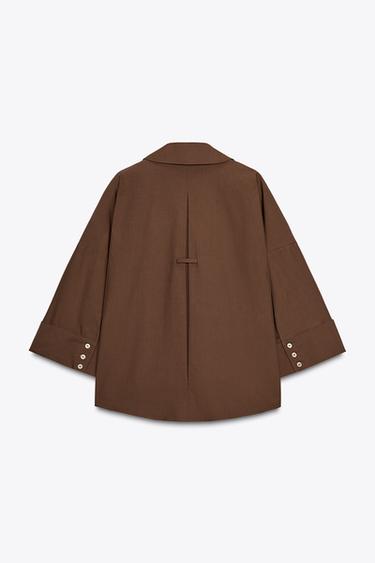 Zara WIDE SLEEVE POPLIN SHIRT - Brown