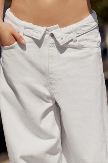 Zara TRF FOLDED WAIST MID-RISE JEANS - Ecru