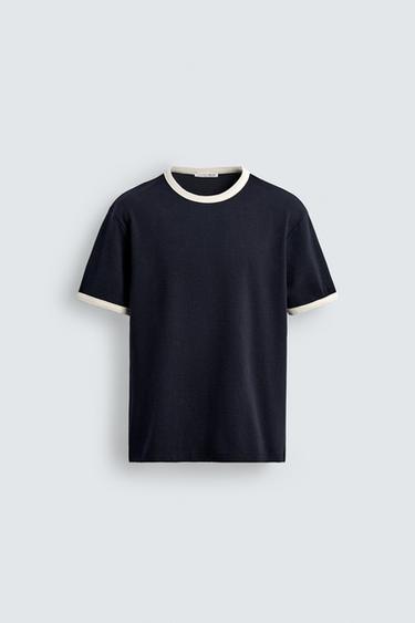 BASIC CONTRAST RIB T-SHIRT - Navy blue by Zara