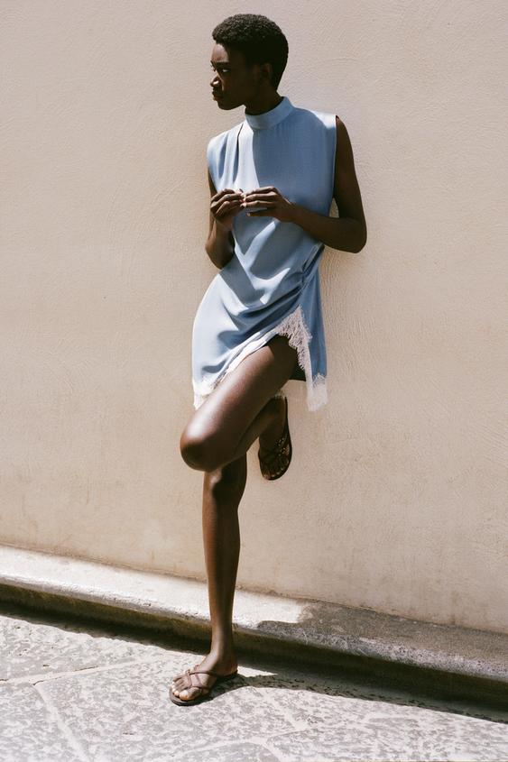 zara light blue lace dress LACE MINI DRESS - Blue