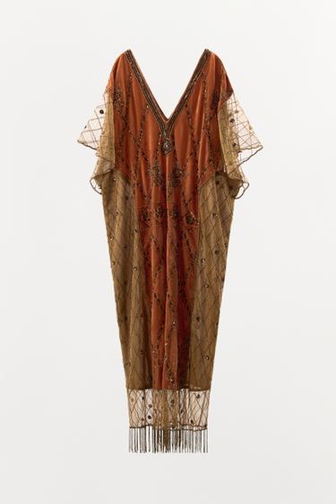 VESTIDO COMBINADO DE VELUDO COM LANTEJOULAS E MIÇANGAS LIMITED EDITION - Telha da Zara - Imagem 0