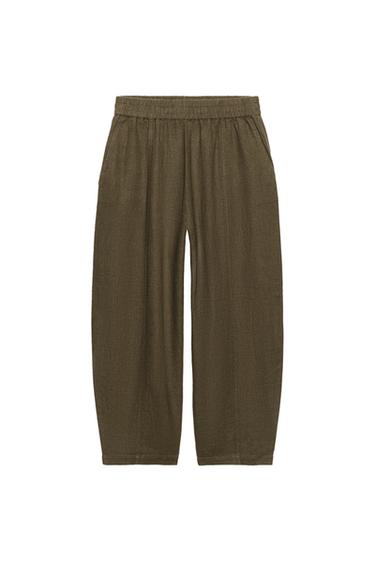 Zara LINEN BARREL PANTS - Khaki