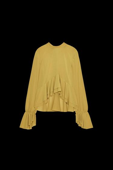 Zara FLOWY RUFFLED TOP - Olive green