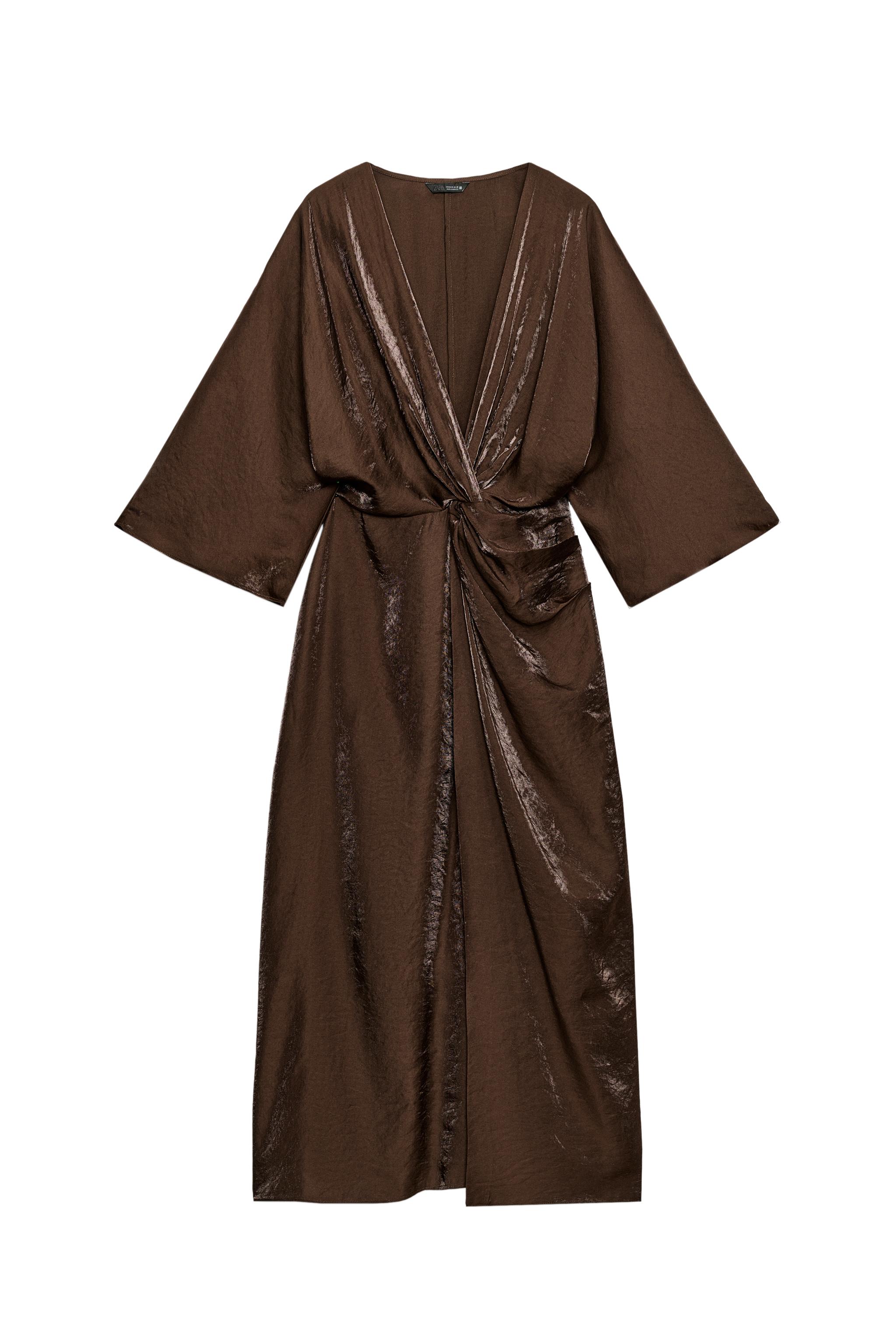 SATIN MIDI DRESS - Brown